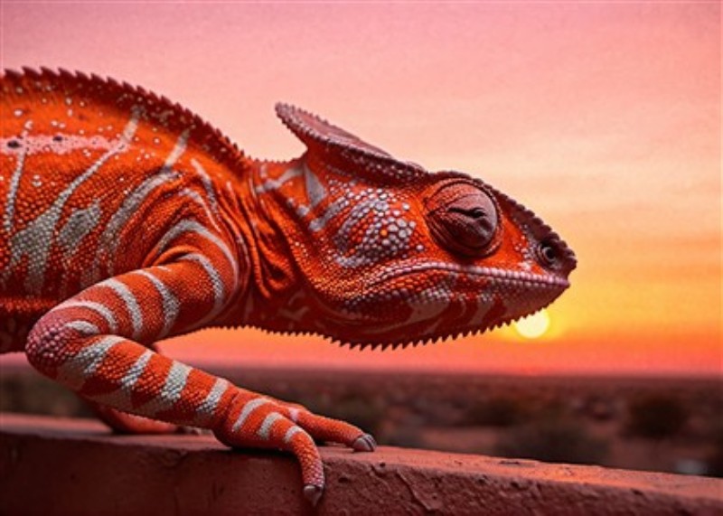 Kameleonens Magi i Solnedgangen - Oplev den betagende skønhed af en kameleon i flammende orange nuancer, der står majestætisk ved solnedgang. Denne farverige kreation bringer liv og dynamik til ethvert rum, perfekt til dem, der elsker naturens vidundere.