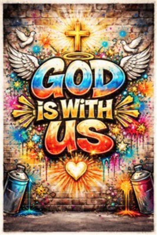 Livlig Vægkunst med Inspirationsbudskab - Opdag en farverig og livlig vægkunst, der bærer budskabet 'God is with us'. Dekoreret med himmelske engle, stjerner og sprudlende farver, skaber denne kunstværk en inspirerende atmosfære i dit hjem.