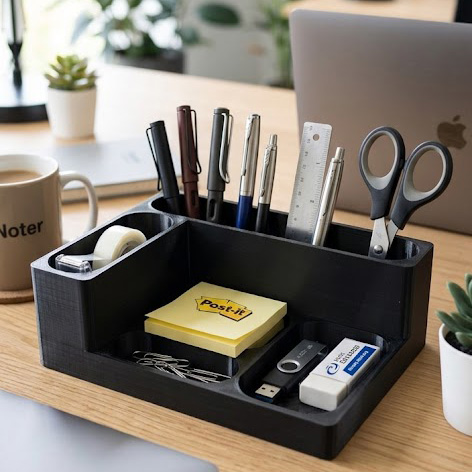 Skrivebords-Organizer i Sort 3D-print - Få styr på rodet på skrivebordet med denne smarte, ruminddelte organizer. Den er designet med et langt, smalt rum bagerst (perfekt til kuglepenne, saks eller linealer) og flere mindre rum forrest til at holde styr på småting som clips, elastikker, USB-nøgler eller mønter. Det sorte, minimalistiske design passer ind på ethvert kontor, og den solide 3D-printede konstruktion sikrer, at den står stabilt.