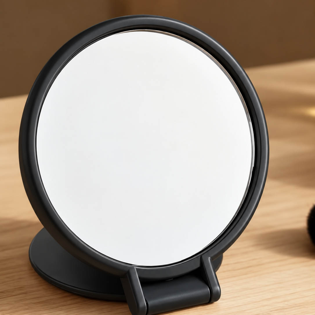 Mini Foldbart Makeup Spejl – Sort – 6,99 × 6,2 cm - Praktisk og elegant mini makeup-spejl i sort, perfekt til håndtasken, toilettasken eller rejsen. Spejlet kan foldes sammen, så det fylder minimalt, og foldes ud, når det skal bruges.

Det kompakte design gør det nemt at have med på farten, og spejlet kan stå selv, når det er åbnet – perfekt når makeup, hår eller detaljer lige skal tjekkes.

Den sorte overflade giver samtidig mulighed for at gøre spejlet mere personligt med UV-print, eksempelvis navn, logo, tekst, motiv eller dit eget design.

Produktinformation:

Størrelse: ca. 6,99 × 6,2 cm
Farve: sort
Foldbart design
Kompakt og let
Kan bruges som stående spejl
Perfekt til taske og rejse
Velegnet til personliggørelse med UV-print
God som gave, firmagave eller personlig gave

Design dit eget:
Tilføj dit eget navn, billede, logo eller tekst og skab et helt unikt makeup-spejl.