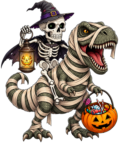 Skeleton Riding Mummy Dinosaur T Rex Halloween Png sticker motiv