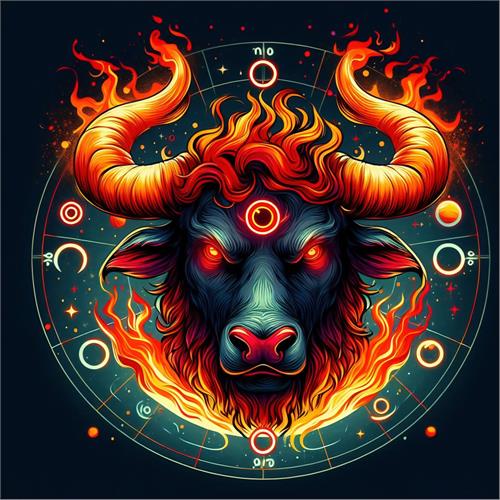 Brændende Tyr med Astrologiske Symboler