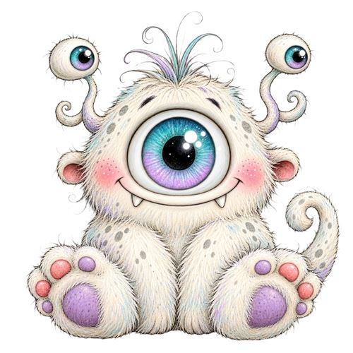 Sødt enøjet monster med lilla detaljer