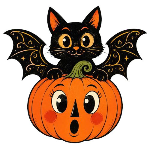Halloweenkat på græskar med flagermusvinger