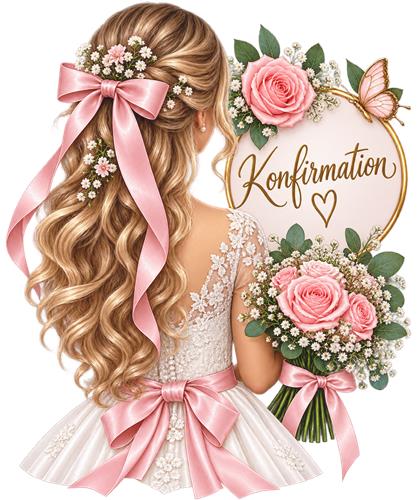 Konfirmationspige med blomster og rosa sløjfer