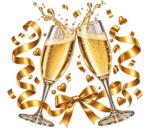 Skål med champagneglas og gyldne bånd