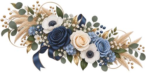 Blomsterbuket med blå roser og pampasgræs