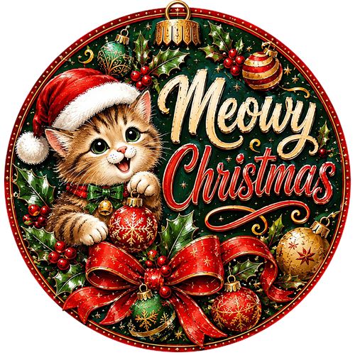Julekat med teksten Meowy Christmas