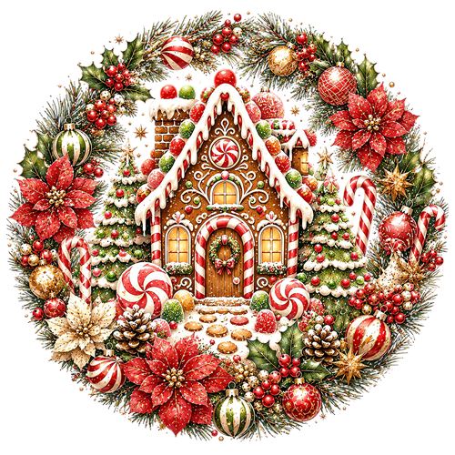 Julekrans med peberkagehus