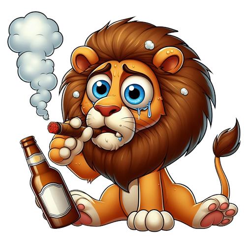 Trist løve med øl og cigar