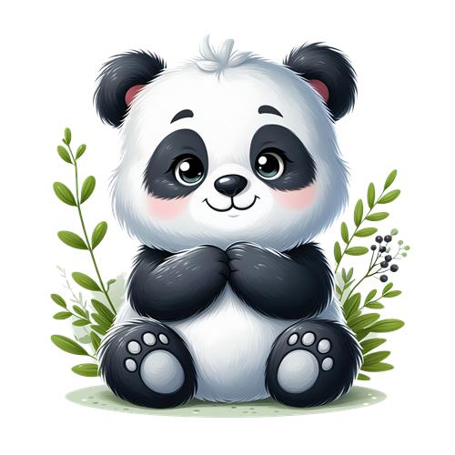 Sødt tegnet panda med grønne planter