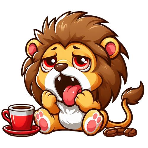 Søvnig løve med kaffe
