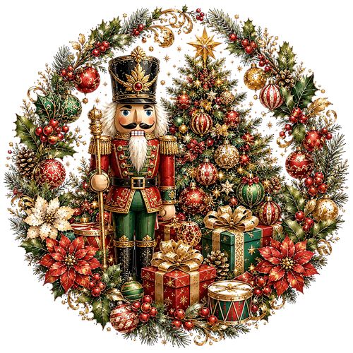 Julemotiv med nøddeknækker og julegaver