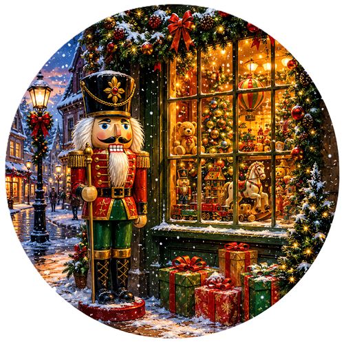 Julemotiv med nøddeknækker og gavebutik