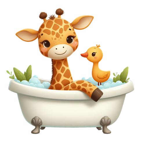 Giraffe i badekar med and