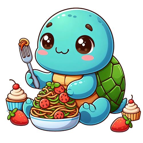 Kawaii Skildpadde Spiser Pasta