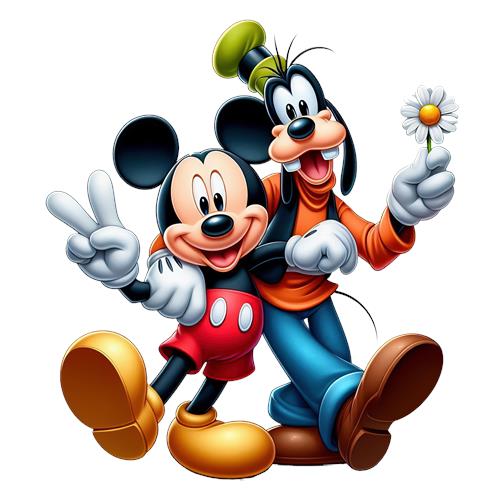 Mickey og Goofy i venskabelig omfavnelse