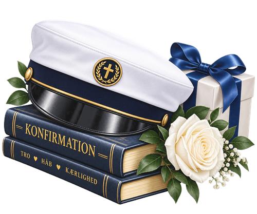 Konfirmationshue med gave og hvid rose