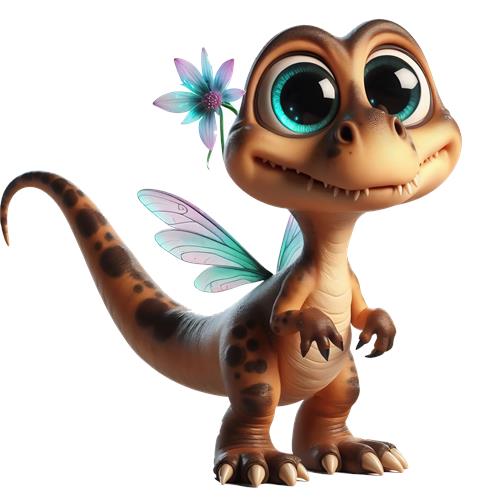 Sødt dinosaur med vinger og blomst