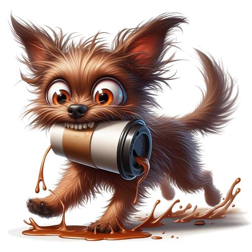 En livlig hund med kaffekop