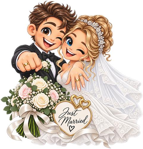 Nyforelsket brudepar med Just Married-skilt