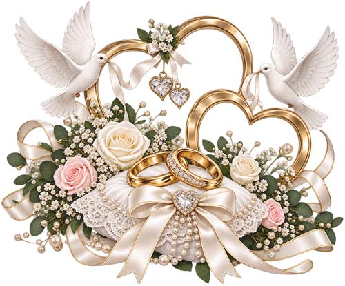 Bryllupsduer med guldringe og blomster
