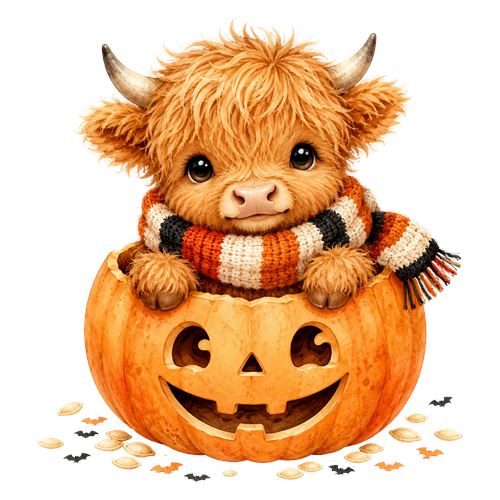 Sød Highland-ko i Halloween-græskar
