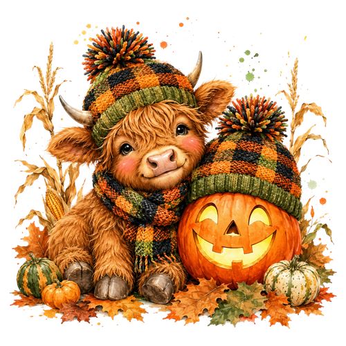 Sød højlandskalv med græskar til Halloween