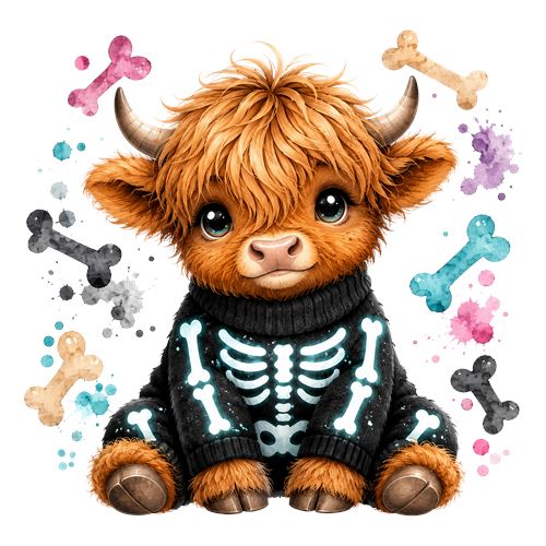 Sød Highland-kalv i skelettrøje