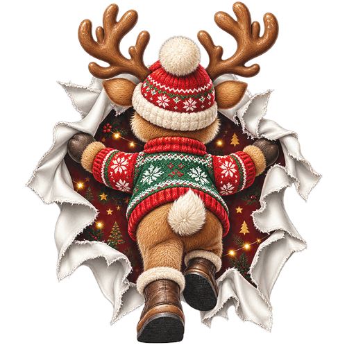 Jule-ren med nissehue og striktrøje