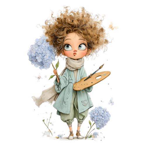 Lille kunstner med palet og blomster