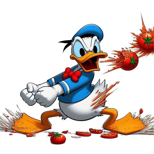 Donald Duck i action med tomater