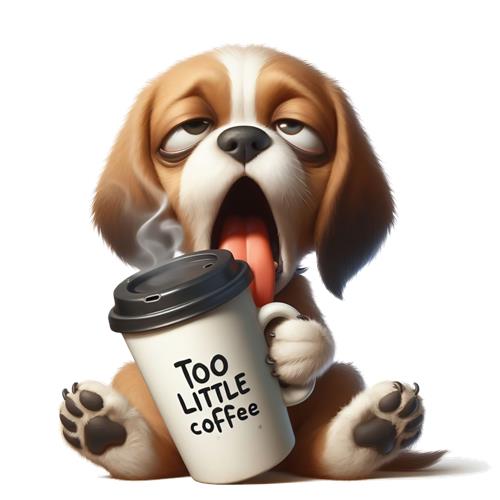 Søvnig hund med kaffe