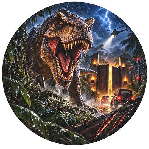 Brølende T-Rex i tropisk regnvejr