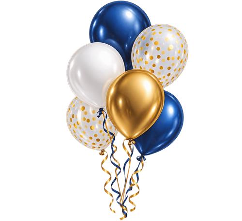 Ballonbuk med blå, hvide og gyldne balloner