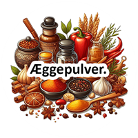 En samling af krydderier, æggepulver og ingredienser til madlavning.