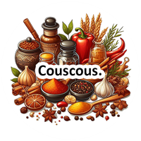 Et farverigt arrangement af couscous, krydderier og ingredienser til madlavning.