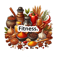 Et farverigt udvalg af krydderier, urter og sundhedsprodukter præsenteret i en dekorativ komposition.