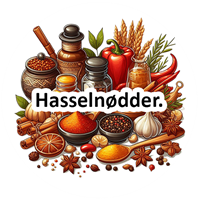 Et farverigt udvalg af krydderier, nødder og ingredienser til madlavning.