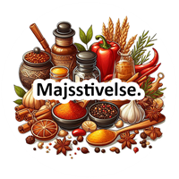 Et farverigt arrangement af krydderier, urter og ingredienser til madlavning.