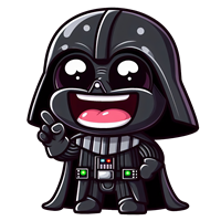 En sød, tegneserieagtig version af Darth Vader med store øjne og et stort smil.