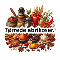 Et farverigt arrangement af krydderier, tørrede abrikoser og ingredienser til madlavning.