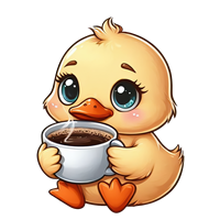 En tegneserieagtig andunge, der holder en kop kaffe med et sødt udtryk.