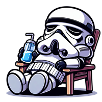 En tegneserieagtig stormtrooper sidder afslappet i en stol med en drink.