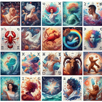 En samling af farverige illustrationer, der repræsenterer forskellige stjernetegn og mytologiske figurer.