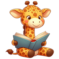 En sød, tegnet giraf, der sidder og læser en bog med et smil.