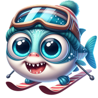 En sød, tegneserieagtig fisk iført skibriller og en hue, der står på ski.