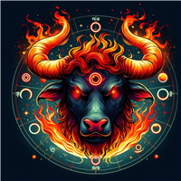 Et farverigt og dramatisk billede af en tyr med flammer og astrologiske symboler.