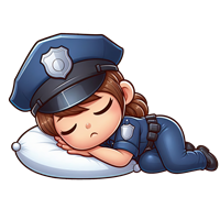 En chibi-illustration af en søvnig politibetjent, der ligger på en pude.