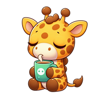 En tegneserieagtig giraf, der nyder en varm drik, ser afslappet og glad ud.